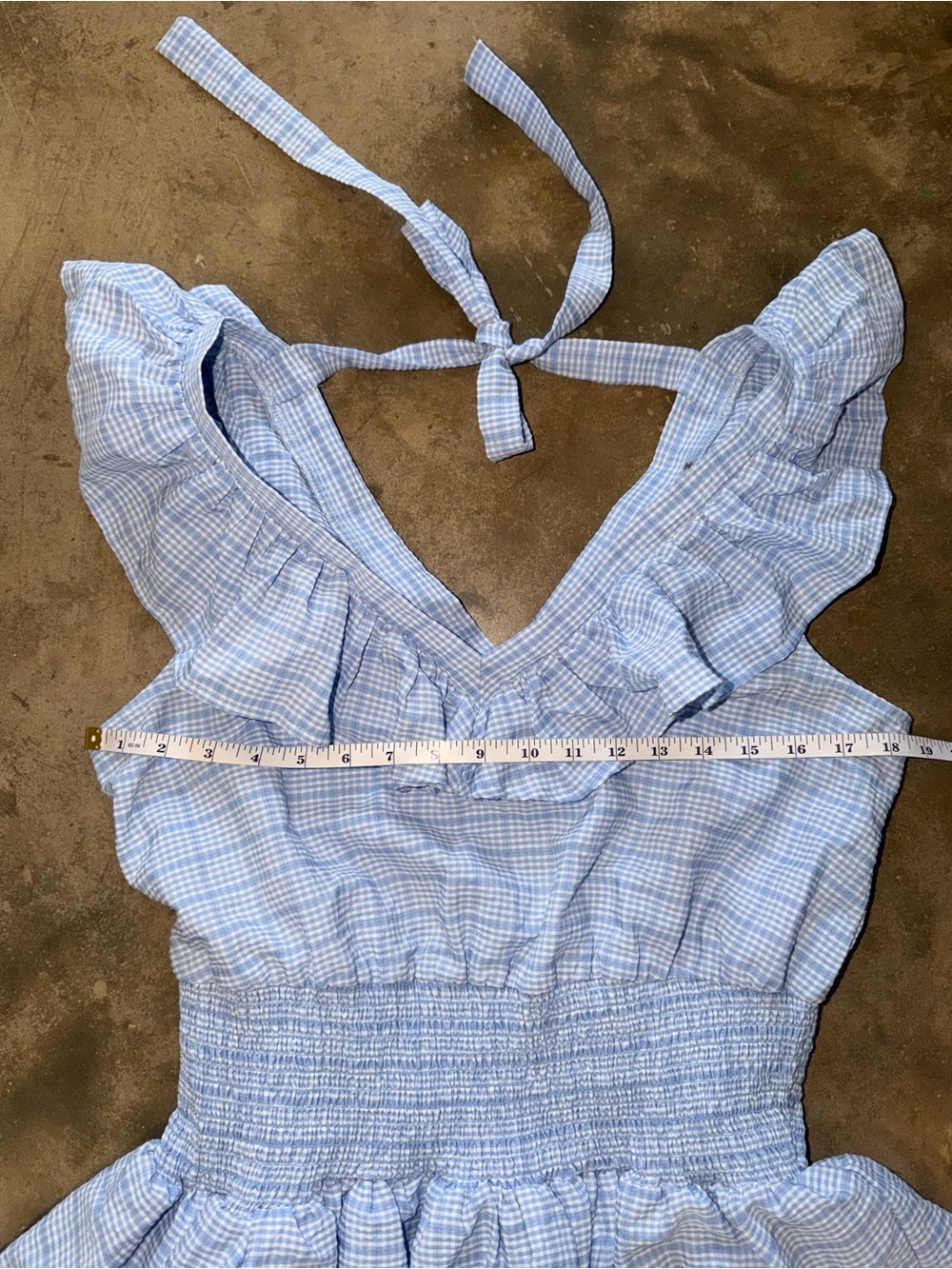 Day + Moon Blue Gingham Ruffle Romper Dress Style Smocked Tie Back Size L - Picture 6 of 10